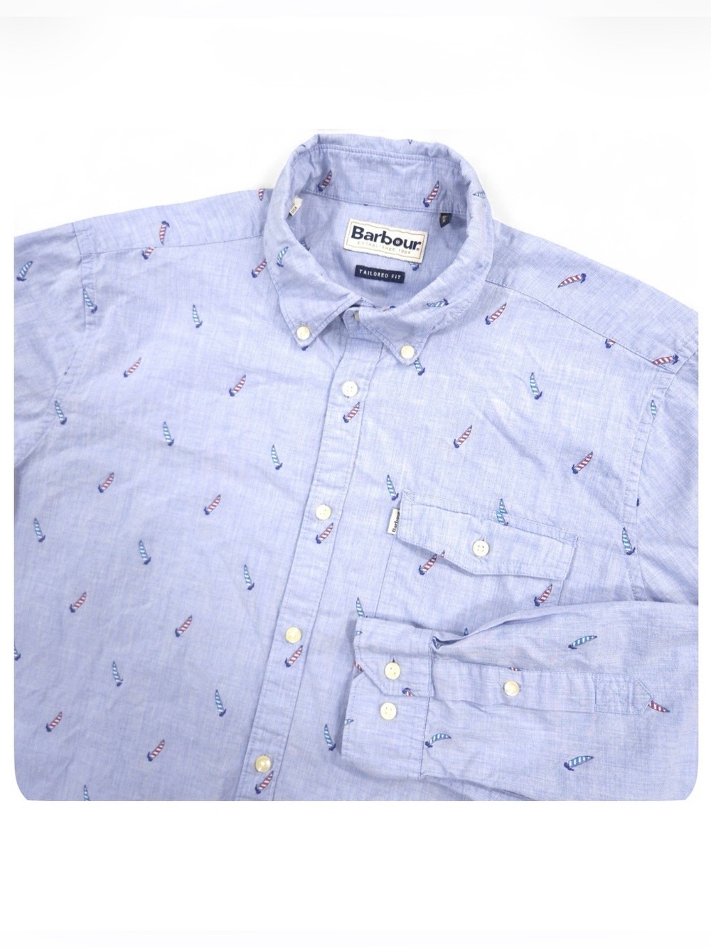 Barbour Men’s Large Blue Button Down Shirt with Sailboats Nautical Motif
